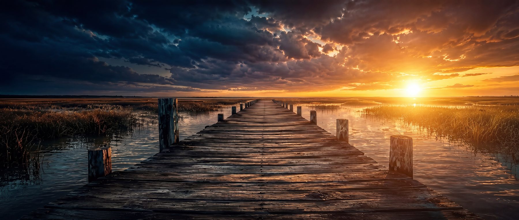 Wooden dock stretching into the marsh at sunset